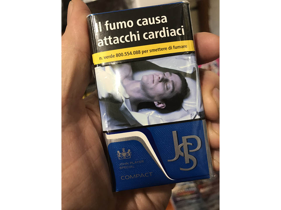 These are actual photos of packs of cigarettes as they are sold in Italy, with gory photos illustrating consequences of smoking as well as giving a phone number for assistance in quitting.