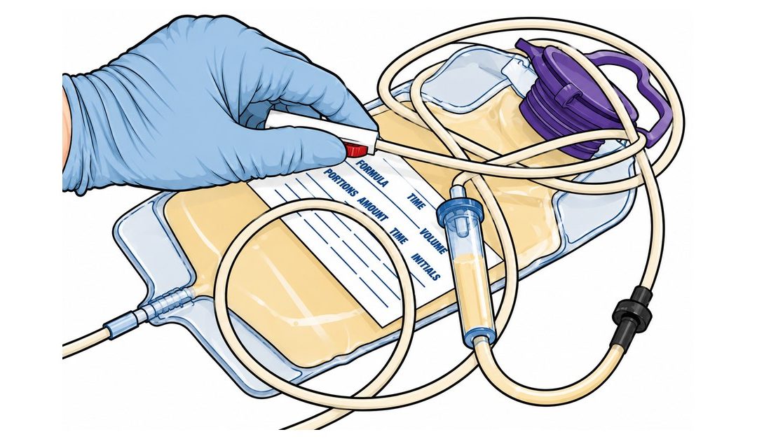 Illustration of a gloved hand labeling an enteral feeding bag filled with tube feeding formula